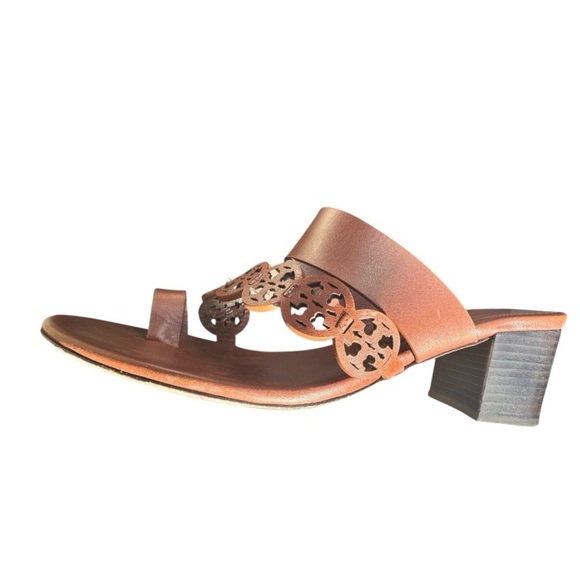 Tory Burch Tiny Miller Toe Ring High Block Sandals in  Cognac Brown Sz 9.5 GUC - Picture 11 of 11